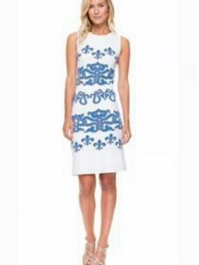 J. McLaughlin Sleeveless White Dress with Blue Embroidered Motif Women M